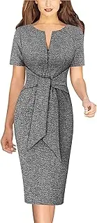 [VFSHOW] Womens Front Zipper Tie Waist Bow Belted Slim Wear to Work Business Office Bodycon Pencil Dress