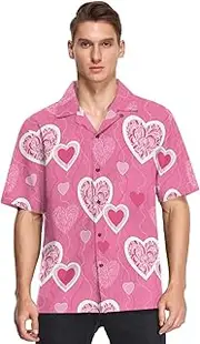 [GuoChe] Hawaiian Button Short Sleeve Shirts for Men Valentine's Day Cute Decorative Hearts Pink Fashion Urban Camisas de