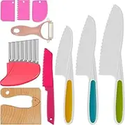 10 Pieces Kids Cooking Cutter Set Safe Reusable Plastic Toddler Kitchen Cutter Set Safe Kitchen Cutter Set with Wooden Cutter Serrated Cutter Potato Cutter Peeler for Cutting Fruit Vegetable Dessert (Pink)