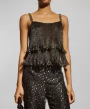 $1190 Alberta Ferretti Women's Black Metallic Ruffled Beaded Blouse Top Size 6