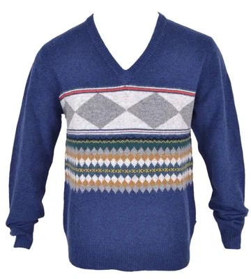 New Burberry Brit Men's $350 100% Lambs Wool Geometric V Neck Sweater Shirt L