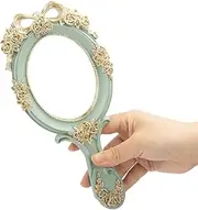 Rich Boxer Vintage Handheld Mirror Embossed Flower Hand Held Mirror Makeup Mirror Vanity Mirror Decorative Cute Hand Mirror (Green)