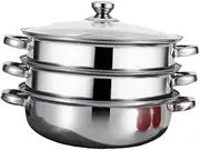 yuksok Stainless Steel Steamer Steam Pot Set 3 Tier with Handle Steaming Kitchen Steamer Cooker for Food Veggies Dumpling Sauce Meat