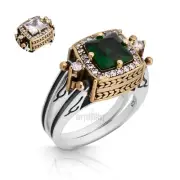 Turkish Reversible Square Emerald and White Topaz 925 Sterling Silver Ring