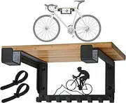 Bike Rack Wall Mount with Shelf and 8 Hooks Offer Horizontal Indoor Bike Storage for Sheds Garages. Wooden Bike Rack Bracket for Road, Mountain, Travel Bicycles, Maximizing Space