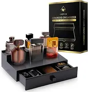 LeoNor Cologne Organizer for Men - Bamboo Cologne Shelf - Minimalist Style Bamboo Organizer w/Hidden Storage - Durable 2 Tier Black Dresser Organizer | Cologne Stand | Perfume organizer for dresser