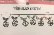Silver Metal Snowflake Wine Glass Charms: Set 6, (2) each: Blue, Green Pink