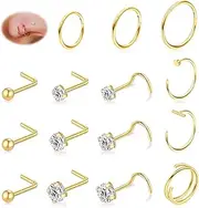 [iejsbhrp] 18G Nose Rings Studs Hoops Set - Hypoallergenic 14K Gold Plated Screw Studs 316L Surgical Stainless Steel Cubic Zirconia Body Piercing Jewelry Helix Cartilage Rook Earrings for Women 15PCS