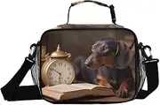 Dachshund Clock Books Insulated Lunch Box for Women Men - Ideal for Work, Picnics - Includes Adjustable Shoulder Strap