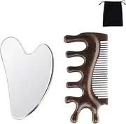 Stainless Steel Gua Sha Set & Sandalwood Massage Comb for Face - Facial Tools for Massage and Relieving Fatigue