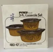 Pyrex Ware 3 Pcs Casserole Set Old Orchard Collection Corning 480-47 Vintage New