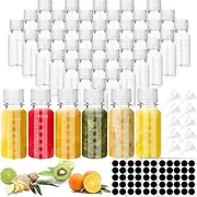 100 Pcs 2oz Plastic Shot Bottles with Caps, Mini Clear Ginger Shots Bottles with Labels Travel Bottle with lids Mini Juice Shot Bottle with Scale for Juicing Smoothie Milk Whiskey Liquid, 4 Funnels