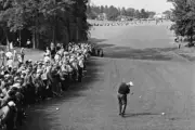 Aerial view of Jack Nicklaus in action, drive from tee on No 18 du - Old Photo