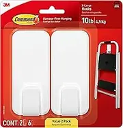 Command 10 Lb XL Heavyweight Wall Hook, Damage Free Hanging Wall Hook with Adhesive Strips, Heavy Duty Single Wall Hook for Hanging Back to School Organizers, 2 White Hooks and 6 Command Strips