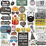 18th Birthday Photo Booth Props - 41-pc Photobooth Kit with 8 x 10-Inch Sign, 60 Adhesive Pads, 45 Sticks - 18th Birthday Decorations for Girls and Boys - 18 Photo Booth Props
