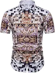 [BaronHong] Casual Mens Plaid Floral 3D Printing Short Sleeve Button Down Polo Shirt