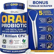 Tuthi Oral Probiotics & Tongue Scraper - Treatment For Bad Breath In Adults - Dental Probiotics For Teeth And Gums - Promotes Fresh Breath - 60 Masticab Tablets