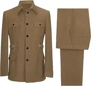 [JEShifangjiusu] Men Single Butterfly Two Piece Casual Multi Pocket Business Set Slim Fit Dress Pants, khaki, 40