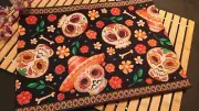 13 X 72 SUGAR SKULL LINEN TABLE RUNNER ~ BLACK, MULTI COLOR