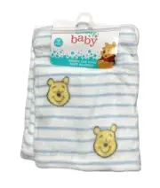 NWT~Disney Baby Winnie the Pooh Plush Blanket White /Blue Striped Soft Cute