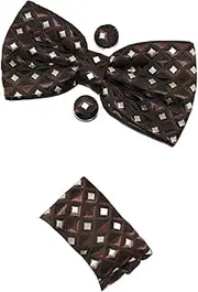 [Zasel] Mens Brown Diamond Matching Bow Tie, Pocket Square & Cuff Links Set Brown, Black, Champagne