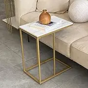 Marble Top Side Table Gold: C Shape Sofa End Tables Slim 45x30x54cm High Gloss Marbles Tabletop Bedside with Golden Metal Legs Laptop Snack Narrow Small Tables Home Office Living Room Couch