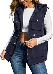 [PESION] Womens Packable Military Utility Vests Outerwear Waterproof Windbreaker Jacket Cargo Vest with Removable Hood