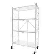 4 Tier Steel White Foldable Display Stand Multi Functional Shelves Portable Storage Organizer With Wheels