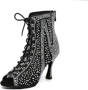 [Uonpie] Mesh Boots Rhinestone for Women Latin Ballroom Dance Shoes High Heel Boots