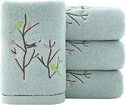 Pidada Hand Towels Set of 4 Embroidered Bird Tree Pattern 100% Cotton Absorbent Soft Towel for Bathroom (Aqua Green)