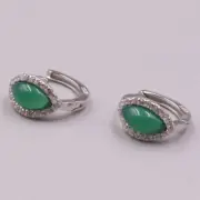 Pure S925 Sterling Silver Green Chalcedony Eyes Shape Bead Earring Stud 12*6mm