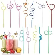 Pack of 12 Curly Shapes Straws, Colourful Plastic Long Reusable Straws for Cold Drinks, Cocktails, Children's Birthday Parties, Weddings
