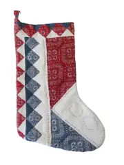 Handmade Christmas Patchwork Quilted Stocking Red Blue White Cotton 11" x 17"
