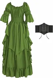 [WYZJL] Renaissance Dress Women Gothic Witch Dress Medieval Ruffle Victorian High Low Dress Costume Set with Corset Belt