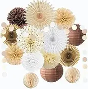 Brown Party Decorations Neutral Brown Birthday Decorations Boho White Beige Paper Fans Tissue Paper Pom Poms Lanterns Circle Dots Hanging Garland for Rustic Birthday Wedding Bridal Shower Party