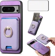 [Asuwish] Phone Case for Google Pixel 8 Pro 5G Wallet Cell Cover with Tempered Glass Screen Protector Slim Ring Stand Credit Card Holder Slot Pixel8Pro Pixel8 XL Eight 8Pro Women Girls Boys Men Purple