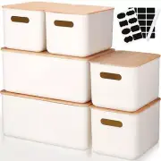 6 packs Plastic Storage Bins with Bamboo Lids Stackable Storage Containers fo...