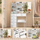 White Dressing Table Stool Set W/ LED Sliding Makeup Mirror Vanity Desk Bedroom