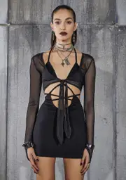 [DARKER WAVS] Snare Strappy Mini Dress And Mesh Shrug Set