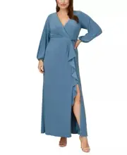 Adrianna Pappell Plus Size Jersey Faux-Wrap Gown - Color: Bluebird - Size 14W