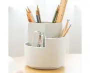 Rotating Pen Holder 3 Compartments, School Supplies Organizer for Pen, Colored Pencil, Art Brushes, Desktop Storage Box in Classroom,White