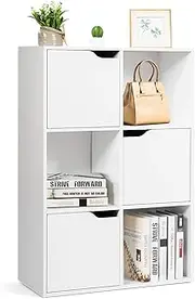 Wooden Bookcase Display Shelf, 3-Tier Storage Cabinet, 3 Open Cubes & 3 Doors, Anti-Tipping, Bookshelf Storage Unit Organiser for Toys Decorations, Home Office Furniture Living Room Bedroom, White