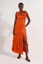 Ruffle & Applique V Front Viscose Woven Maxi Dress