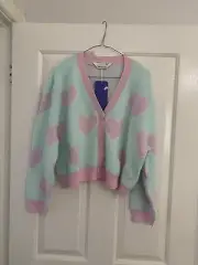 Peter Alexander Ladies Mint /Pink Love Hearts Cardigan S/M