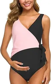 [Tempotrek] Women One Piece Maternity Swimsuit Elegant V Neck Swimwear Tie Front High Cut Bathing Suit Monokini