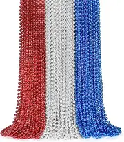 ZYFLSQ 100PCS 4th of July Bead Necklace, 33" 7mm Independence Day Bead Necklaces Bulk, Metallic Red/Silver/Blue Beaded Necklaces, 4th of July Accessories for Patriotic Parade Party Favors Decorations