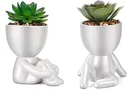 Fake Succulent, Mini Succulents Plants Artificial in White Modern Human Shaped Ceramic Pots Cute Desk Decor Pink Succulent for Office Decor for Women Girls, Desk Plant Cute Bathroom Decor 2PCS