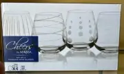 NEW Mikasa Set Of 4 CHEERS Stemless 14 Oz Wine Glasses - 4 Different Styles