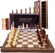 15" Magnetic Wooden Chess Set Board Game with Checkers Pieces Portable Travel Se