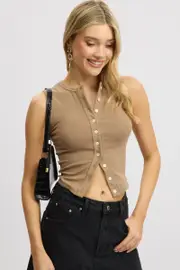 Brown Button Front Top Sleeveless - Size 14L, Women's Tank